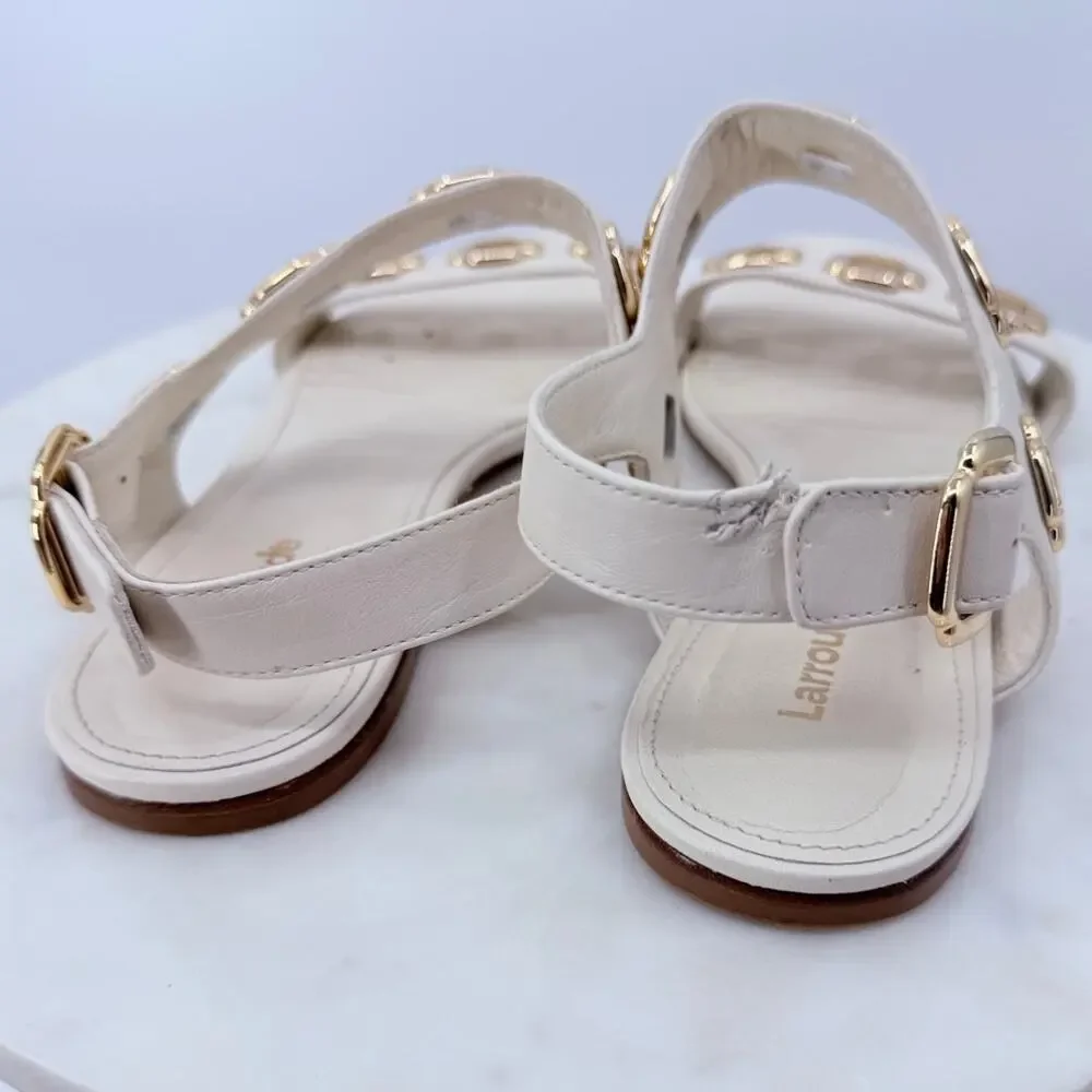 Larroudé Milan Flat Sandal Ivory Leather Gold Chain Size 8.5